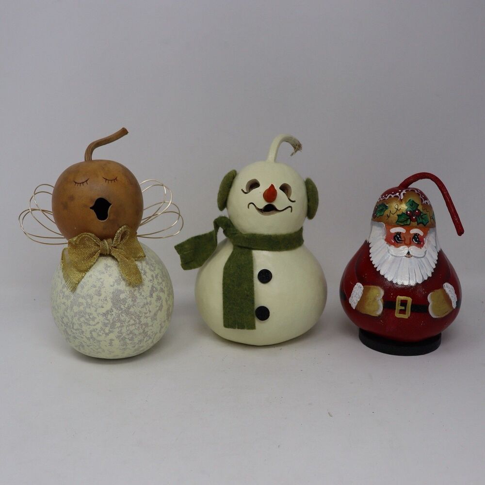 Gourd Hand Painted Christmas Folk Art Decor Kitschy Santa Snowman Angel